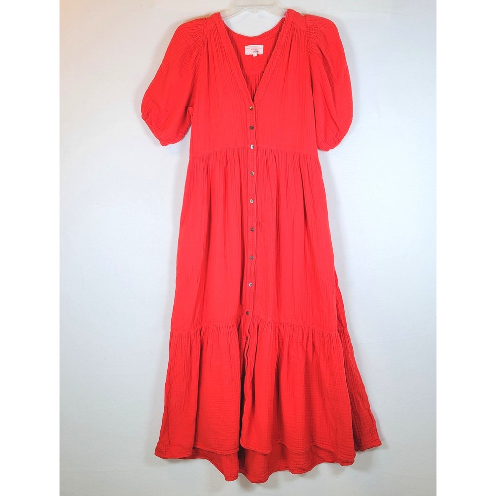 Xirena Womens Lennox Tiered Button Midi Gauzy Dress Size Small Red Boho Summer